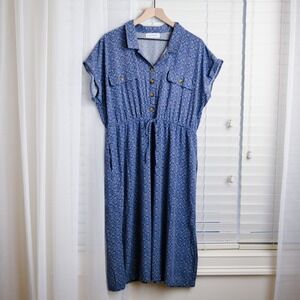 Lucky Brand Midi Shirt Dress XL Blue Button Tie Waist Pockets Geometric Print